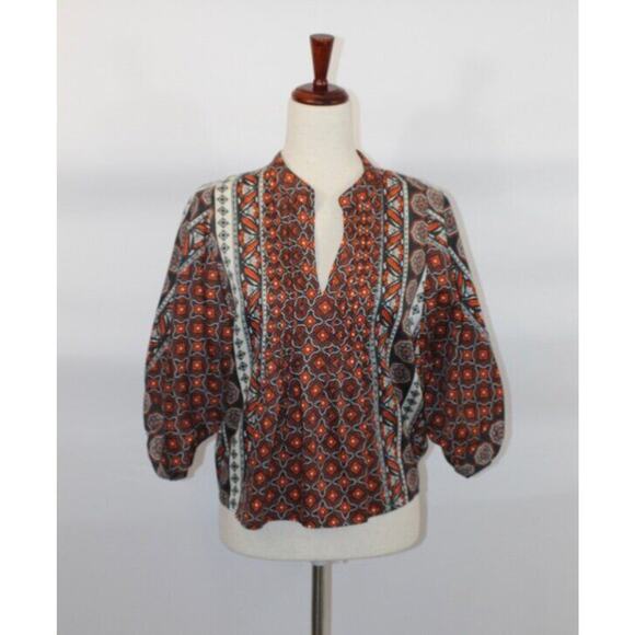 WARM Sz 3 L Navy Orange Boho Peasant Top Blouse - Picture 1 of 8